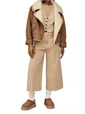 NWT UGG Women's Tan Faux Suede Moto Jacket with Cream Faux Shearling Collar